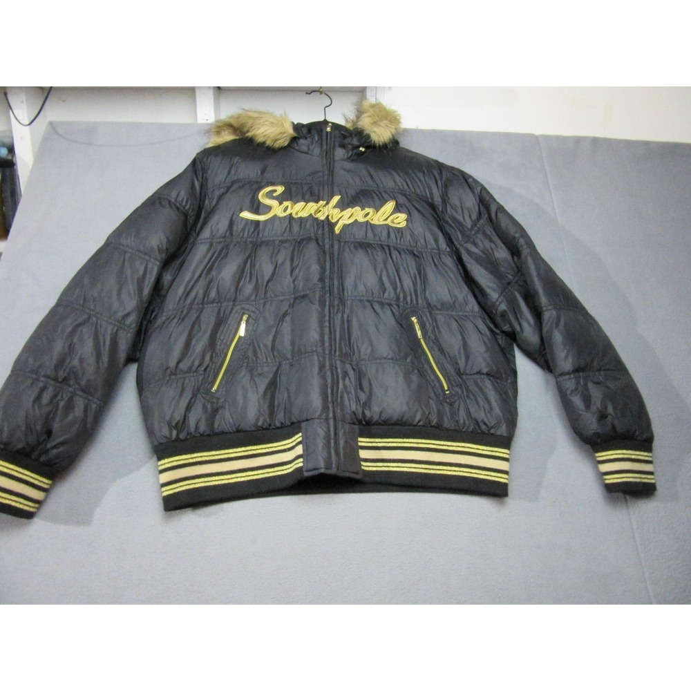 Southpole Puffer Jacket Womens 3XL Black Excellent 90s Hip Hop Faux Fur Hooded